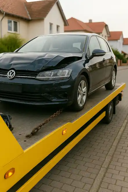 Ein defektes Auto, das zur Reparatur abgeschleppt wird, bevor es im Autoankauf in Freiburg verkauft wird.