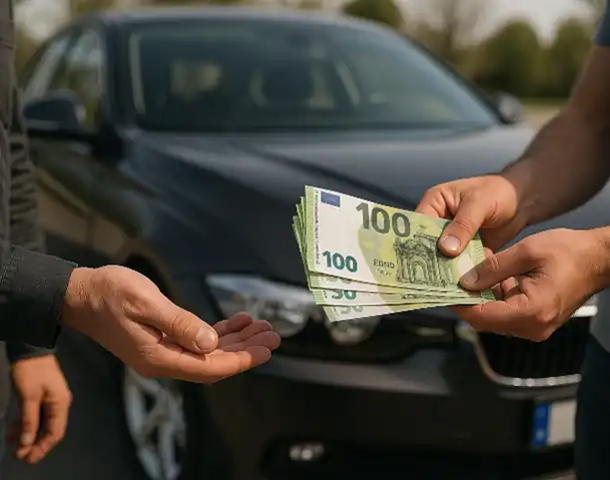 Eine vertrauenswürdige Barkauf-Transaktion beim Autoankauf in Freiburg, bei der der Kunde direkt bezahlt wird.